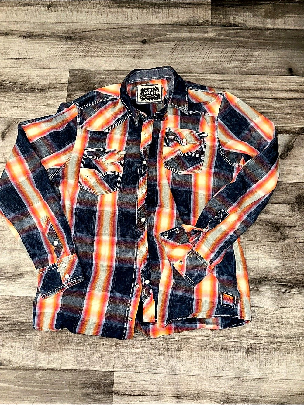 B.N.F. Vintage Men's Plaid Shirt Orange & Blue Size Large